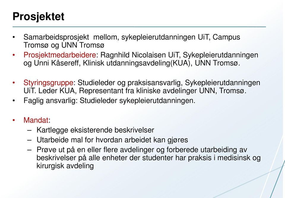 Leder KUA, Representant fra kliniske avdelinger UNN, Tromsø. Faglig ansvarlig: Studieleder sykepleierutdanningen.