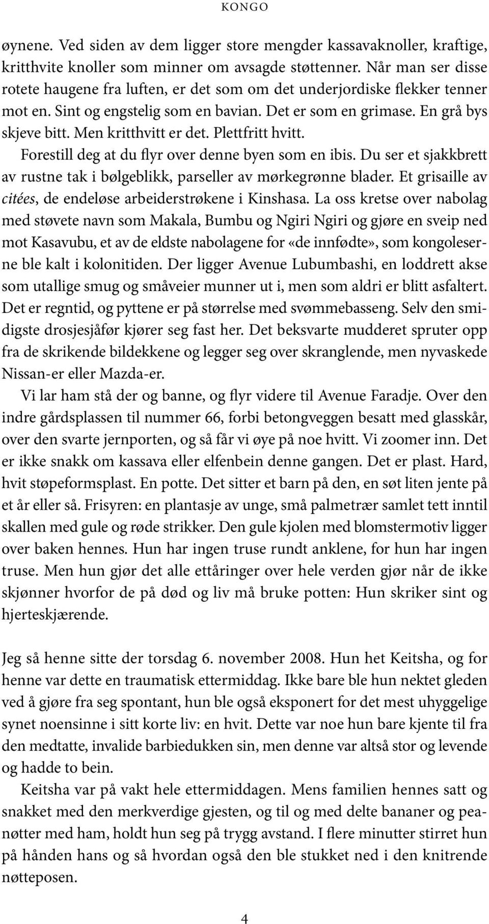 Men kritthvitt er det. Plettfritt hvitt. Forestill deg at du flyr over denne byen som en ibis. Du ser et sjakkbrett av rustne tak i bølgeblikk, parseller av mørkegrønne blader.