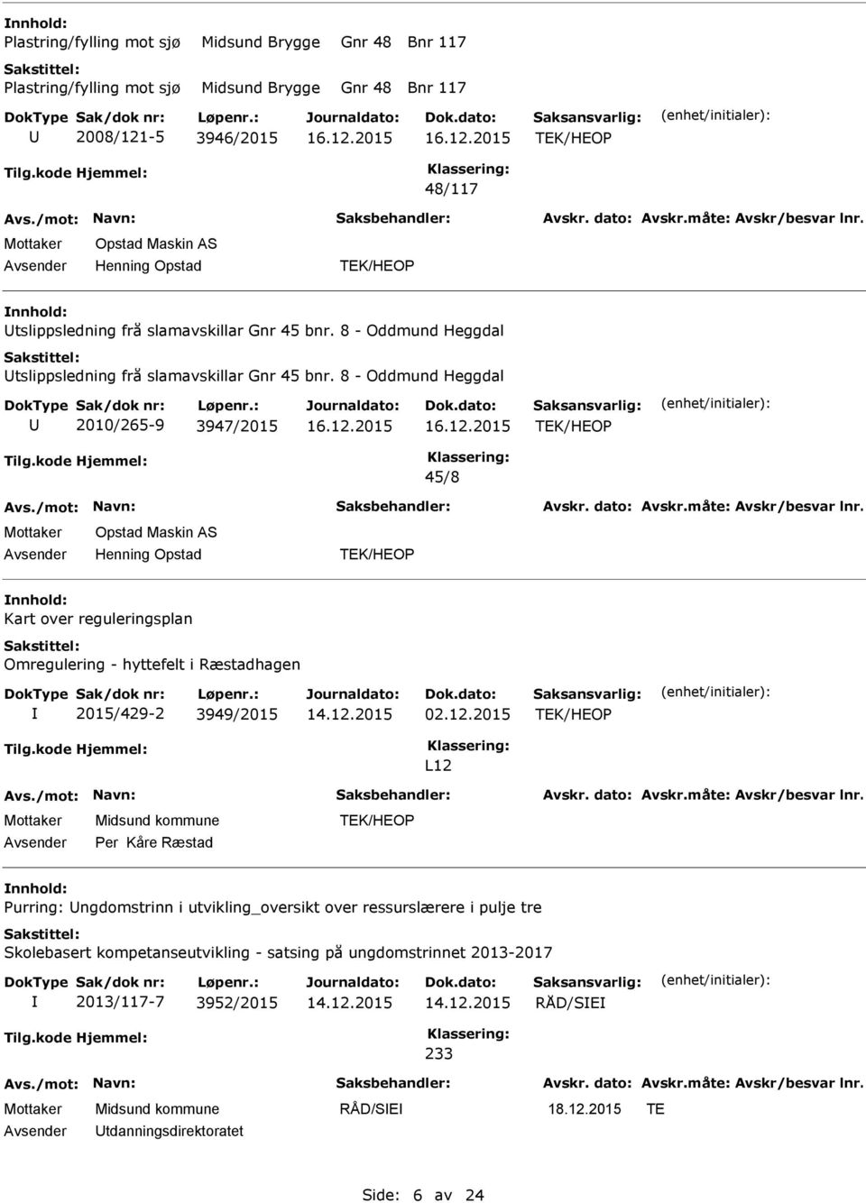 8 - Oddmund Heggdal 2010/265-9 3947/2015 45/8 Kart over reguleringsplan Omregulering - hyttefelt i Ræstadhagen 2015/429-2 3949/2015 02.12.