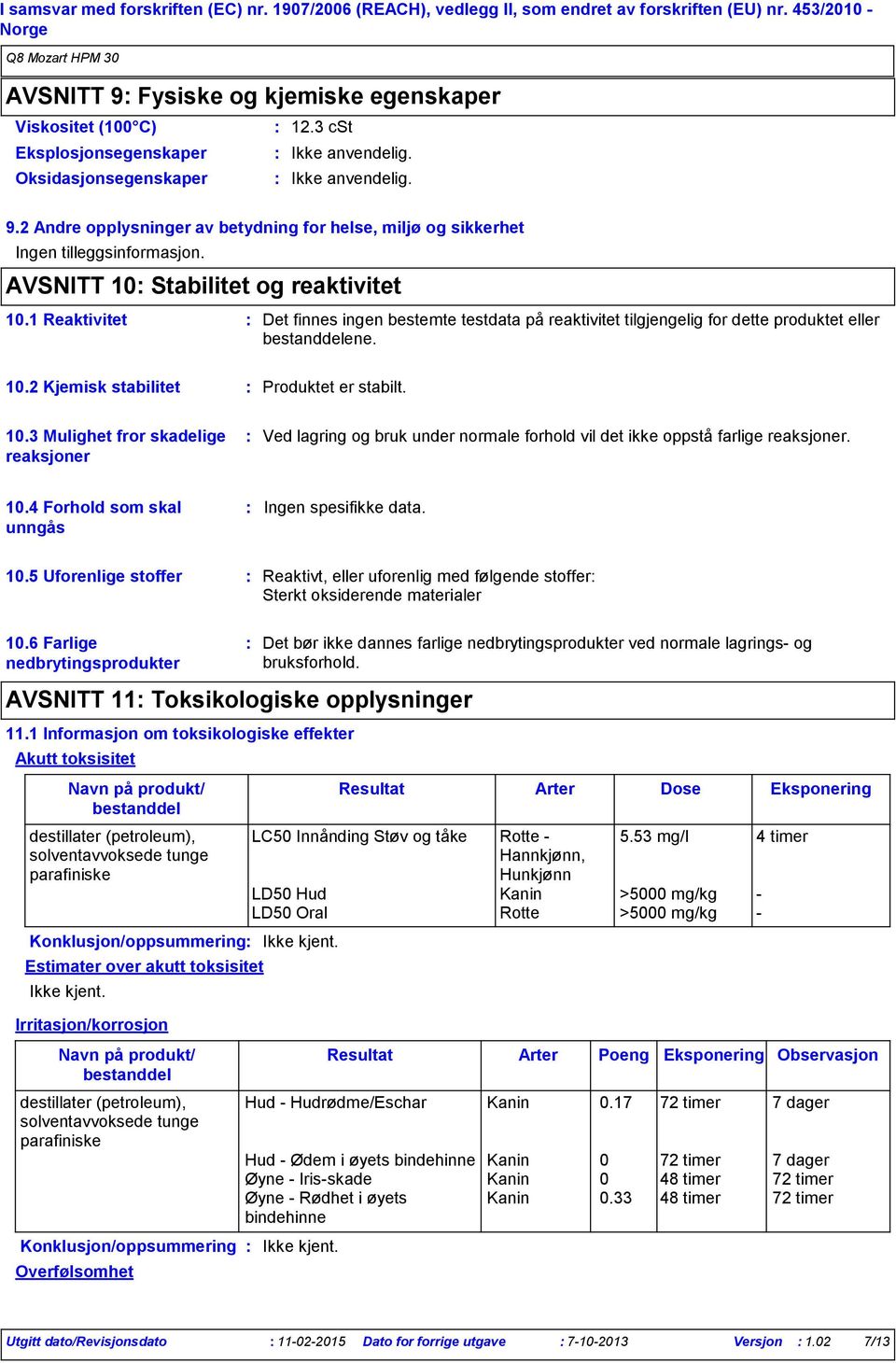 2 Andre opplysninger av betydning for helse, miljø og sikkerhet Ingen tilleggsinformasjon. AVSNITT 10 Stabilitet og reaktivitet 10.