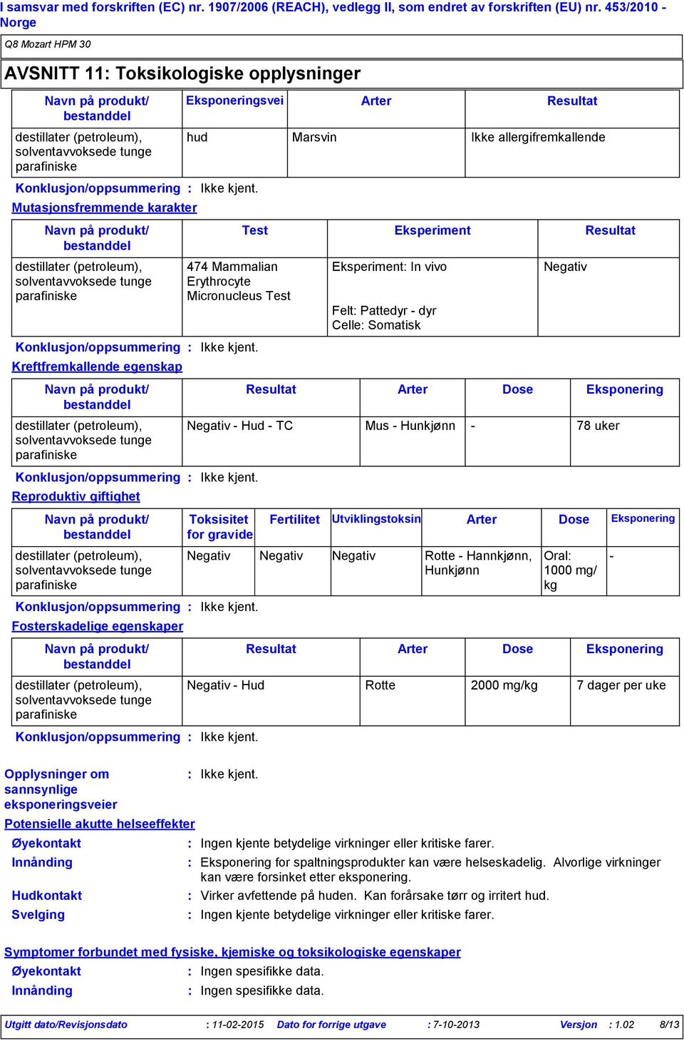 Mammalian Erythrocyte Micronucleus Test Eksperiment In vivo Felt Pattedyr dyr Celle Somatisk Negativ Konklusjon/oppsummering Kreftfremkallende egenskap Resultat Arter Dose Eksponering Negativ Hud TC