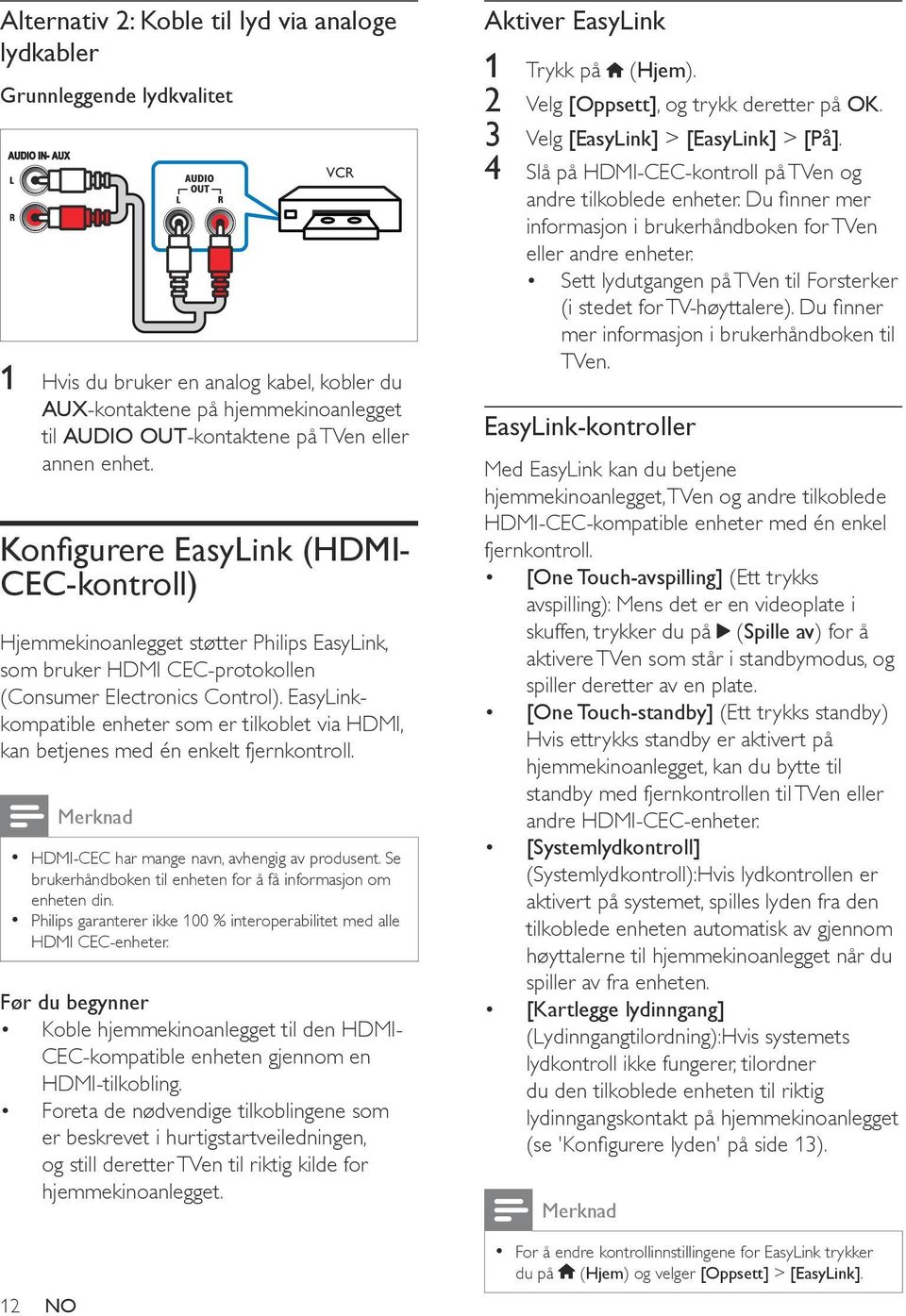 EasyLinkkompatible enheter som er tilkoblet via HDMI, kan betjenes med én enkelt fjernkontroll. 12 NO Merknad VCR HDMI-CEC har mange navn, avhengig av produsent.