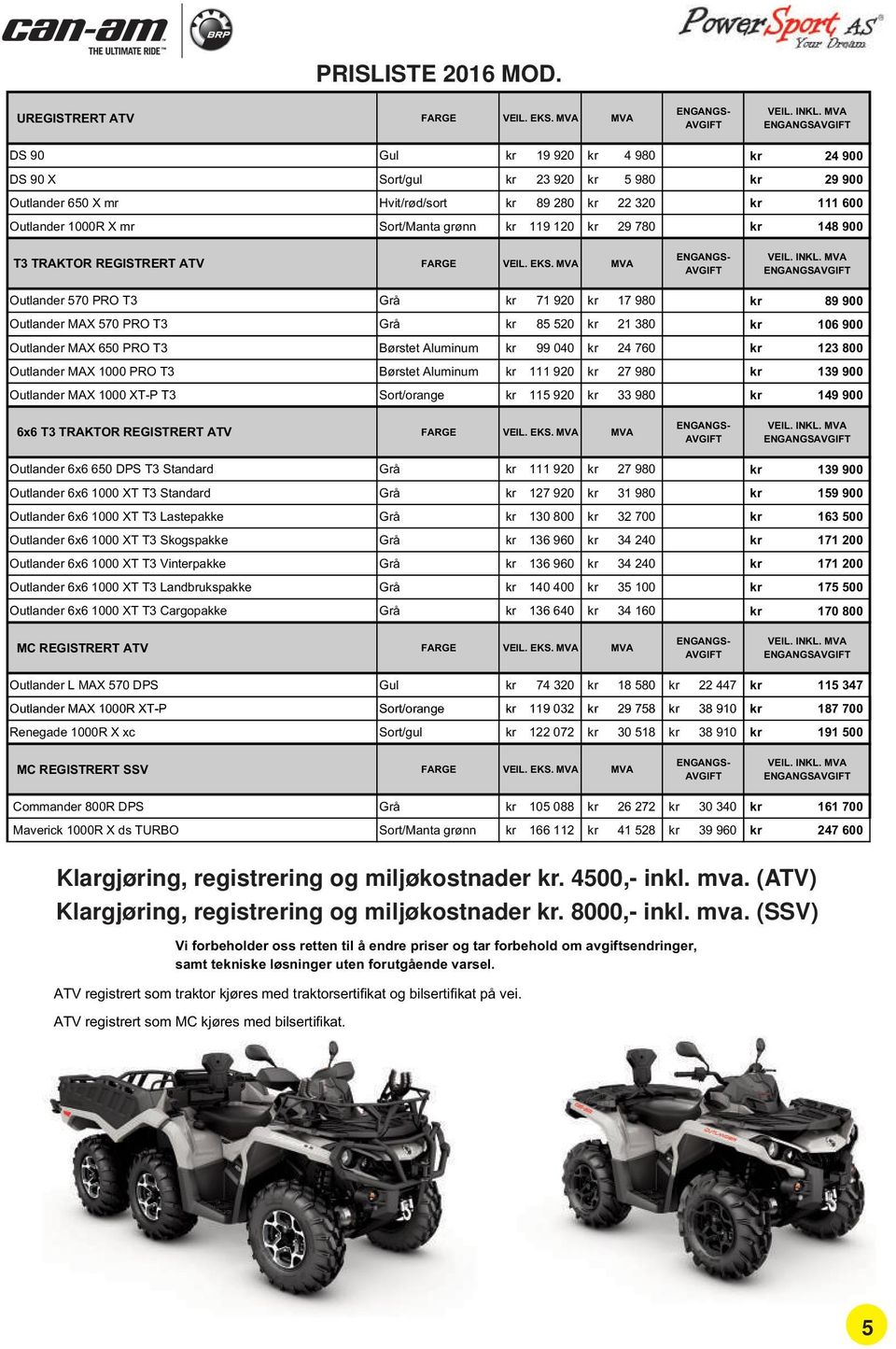 grønn kr 119 120 kr 29 780 kr 148 900 T3 TRAKTOR REGISTRERT ATV FARGE VEIL. EKS. MVA MVA ENGANGS- AVGIFT VEIL. INKL.