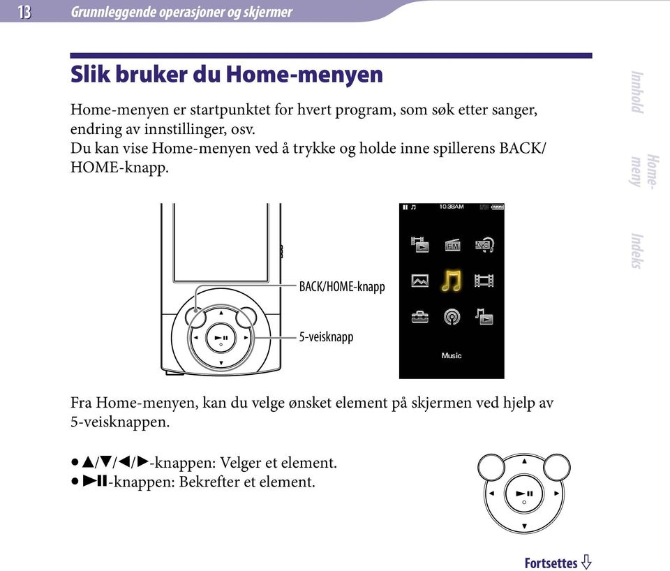 Du kan vise Home-menyen ved å trykke og holde inne spillerens BACK/ HOME-knapp.