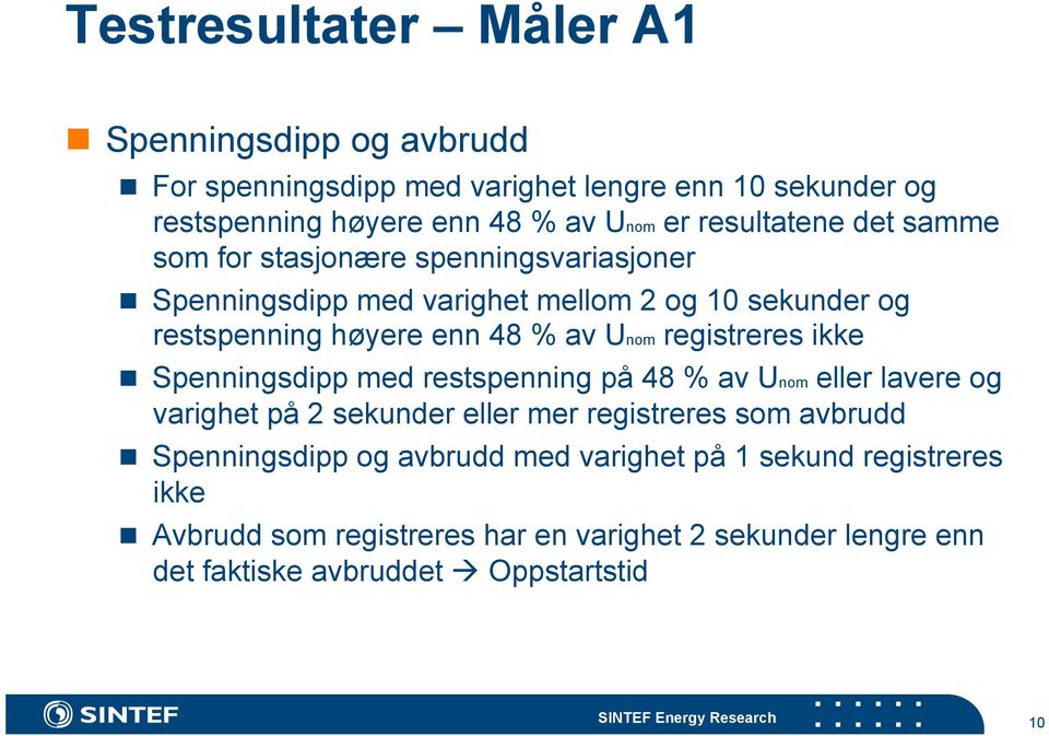 registreres ikke Spenningsdipp med restspenning på 48 % av Unom eller lavere og varighet på 2 sekunder eller mer registreres som avbrudd Spenningsdipp og