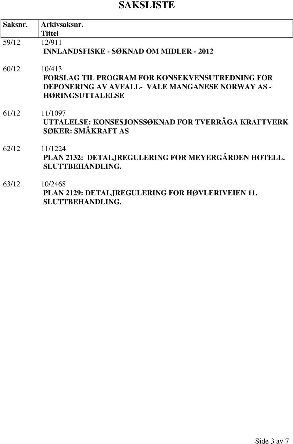 KONSEKVENSUTREDNING FOR DEPONERING AV AVFALL- VALE MANGANESE NORWAY AS - HØRINGSUTTALELSE 61/12 11/1097