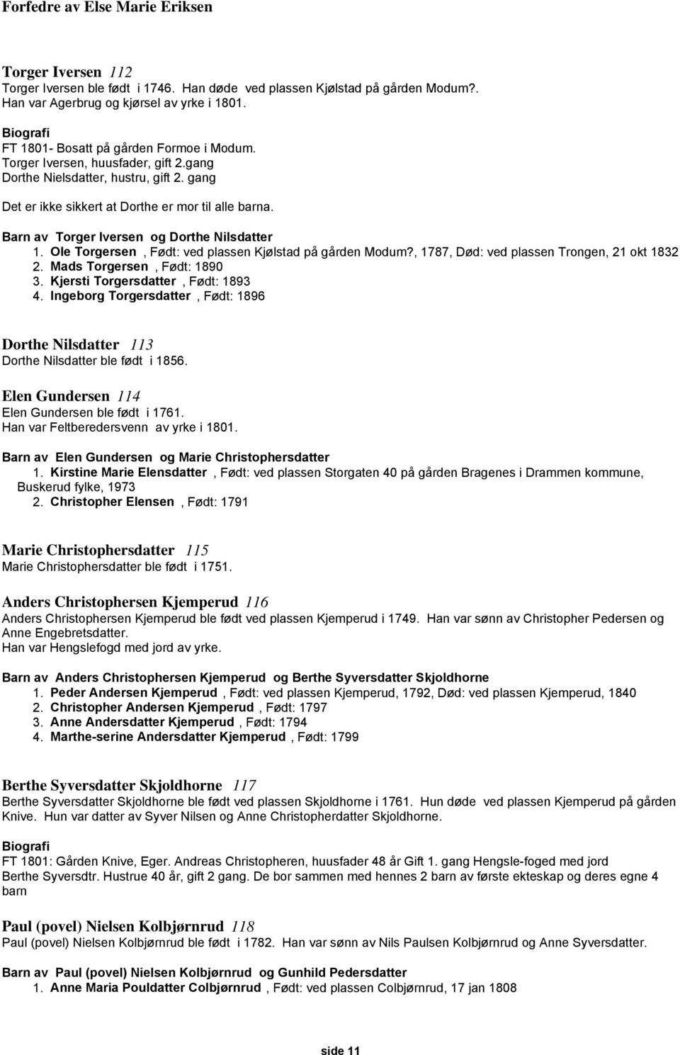 Ole Torgersen, Født: ved plassen Kjølstad på gården Modum?, 1787, Død: ved plassen Trongen, 21 okt 1832 2. Mads Torgersen, Født: 1890 3. Kjersti Torgersdatter, Født: 1893 4.