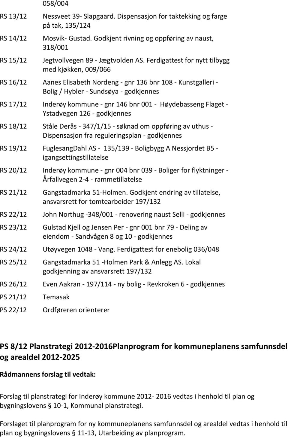 Ferdigattest for nytt tilbygg med kjøkken, 009/066 RS 16/12 Aanes Elisabeth Nordeng - gnr 136 bnr 108 - Kunstgalleri - Bolig / Hybler - Sundsøya - godkjennes RS 17/12 Inderøy kommune - gnr 146 bnr