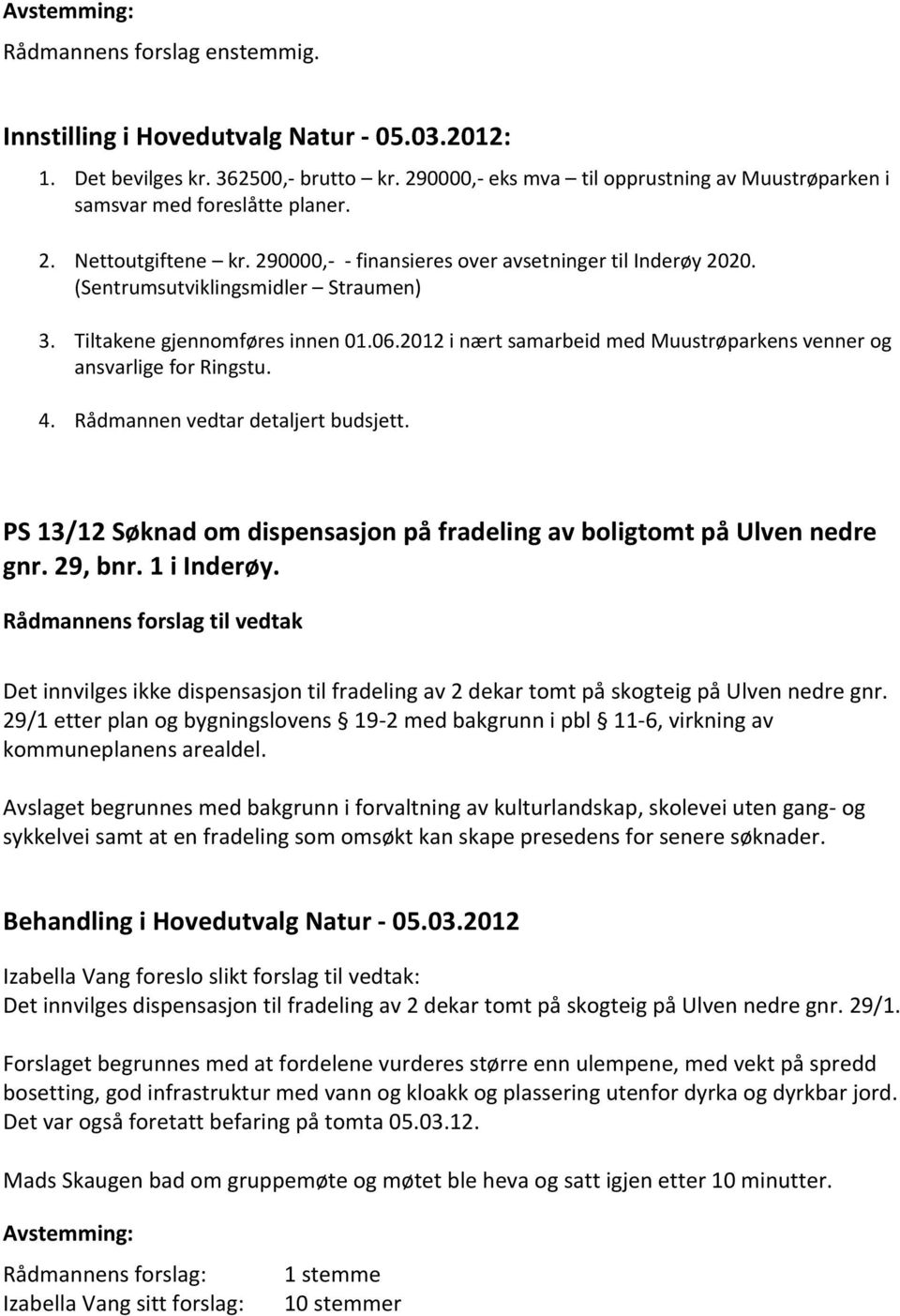 2012 i nært samarbeid med Muustrøparkens venner og ansvarlige for Ringstu. 4. Rådmannen vedtar detaljert budsjett. PS 13/12 Søknad om dispensasjon på fradeling av boligtomt på Ulven nedre gnr.