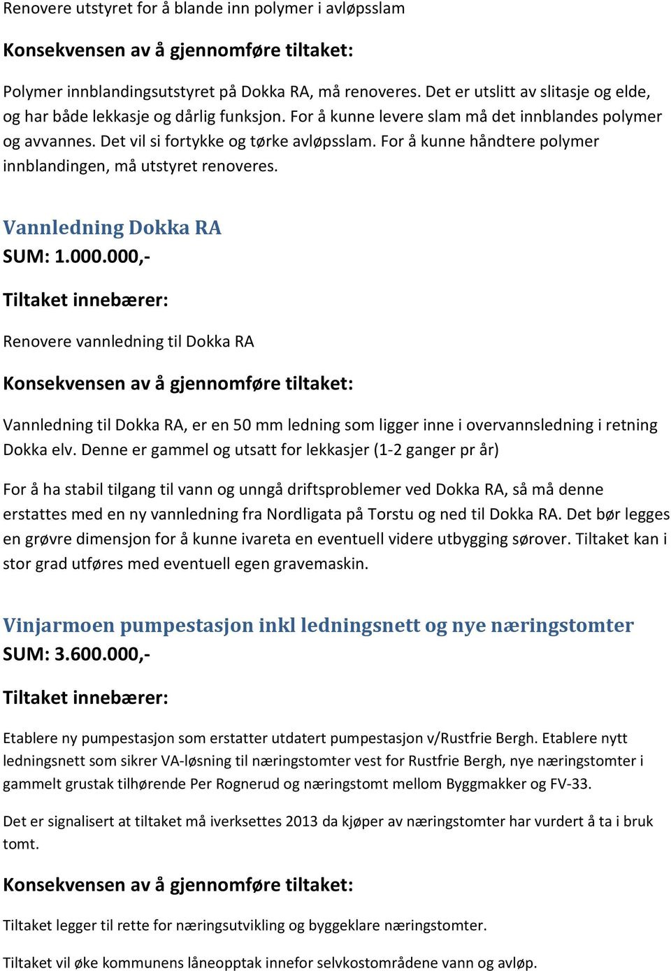 000.000,- Renovere vannledning til Dokka RA Vannledning til Dokka RA, er en 50 mm ledning som ligger inne i overvannsledning i retning Dokka elv.