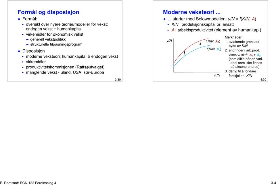 ..... starter med Solowmodellen: y/n = f(k/n, A) K/N : produksjonskapital pr. ansatt A : arbeidsproduktivitet (element av humankap.) y/n f(k/n, A 1 ) f(k/n, A 0 ) K/N Merknader: 1.