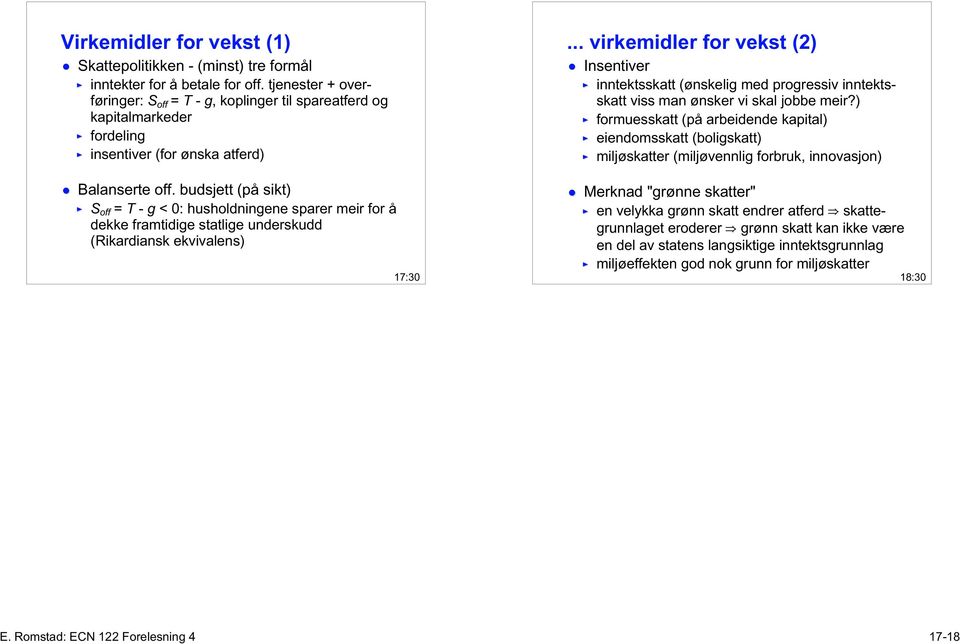 budsjett (på sikt) S off = T - g < 0: husholdningene sparer meir for å dekke framtidige statlige underskudd (Rikardiansk ekvivalens) 17:30.