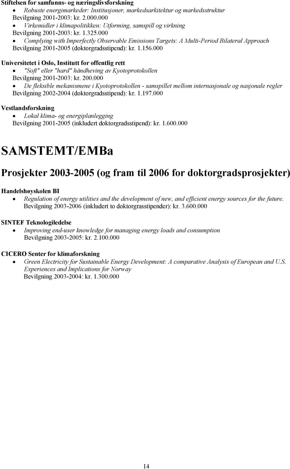 000 Complying with Imperfectly Observable Emissions Targets: A Multi-Period Bilateral Approach Bevilgning 2001-2005 (doktorgradsstipend): kr. 1.156.