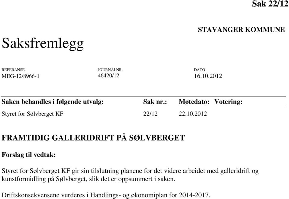 2012 FRAMTIDIG GALLERIDRIFT PÅ SØLVBERGET Forslag til vedtak: Styret for Sølvberget KF gir sin tilslutning planene for det