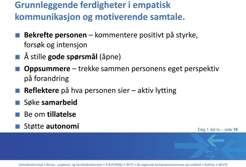 spørsmål (åpne) Oppsummere trekke sammen personens eget perspektiv på forandring