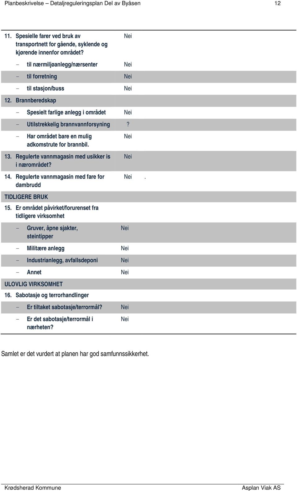 - Har området bare en mulig adkomstrute for brannbil. 13. Regulerte vannmagasin med usikker is i nærområdet? 14. Regulerte vannmagasin med fare for dambrudd. TIDLIGERE BRUK 15.