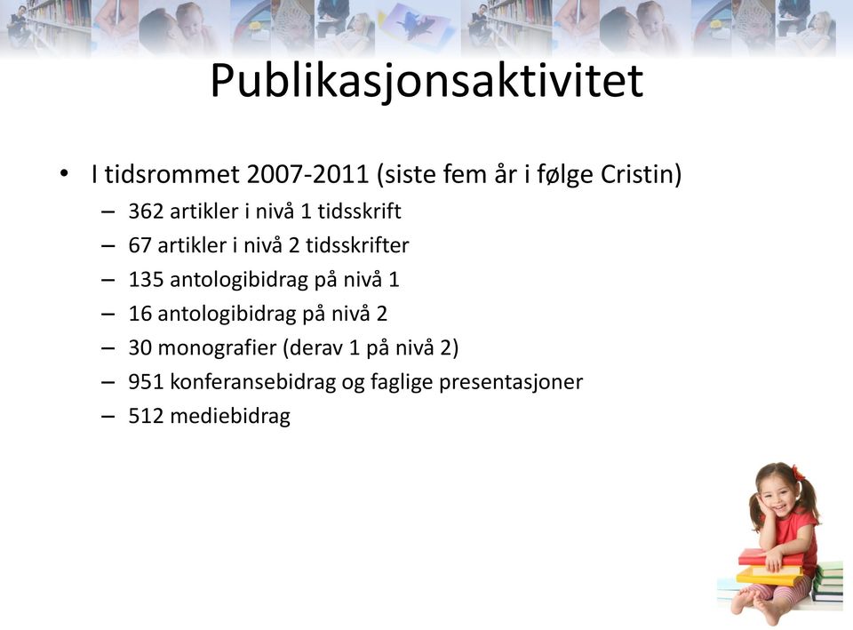 tidsskrifter 135 antologibidrag på nivå 1 16 antologibidrag på nivå 2 30