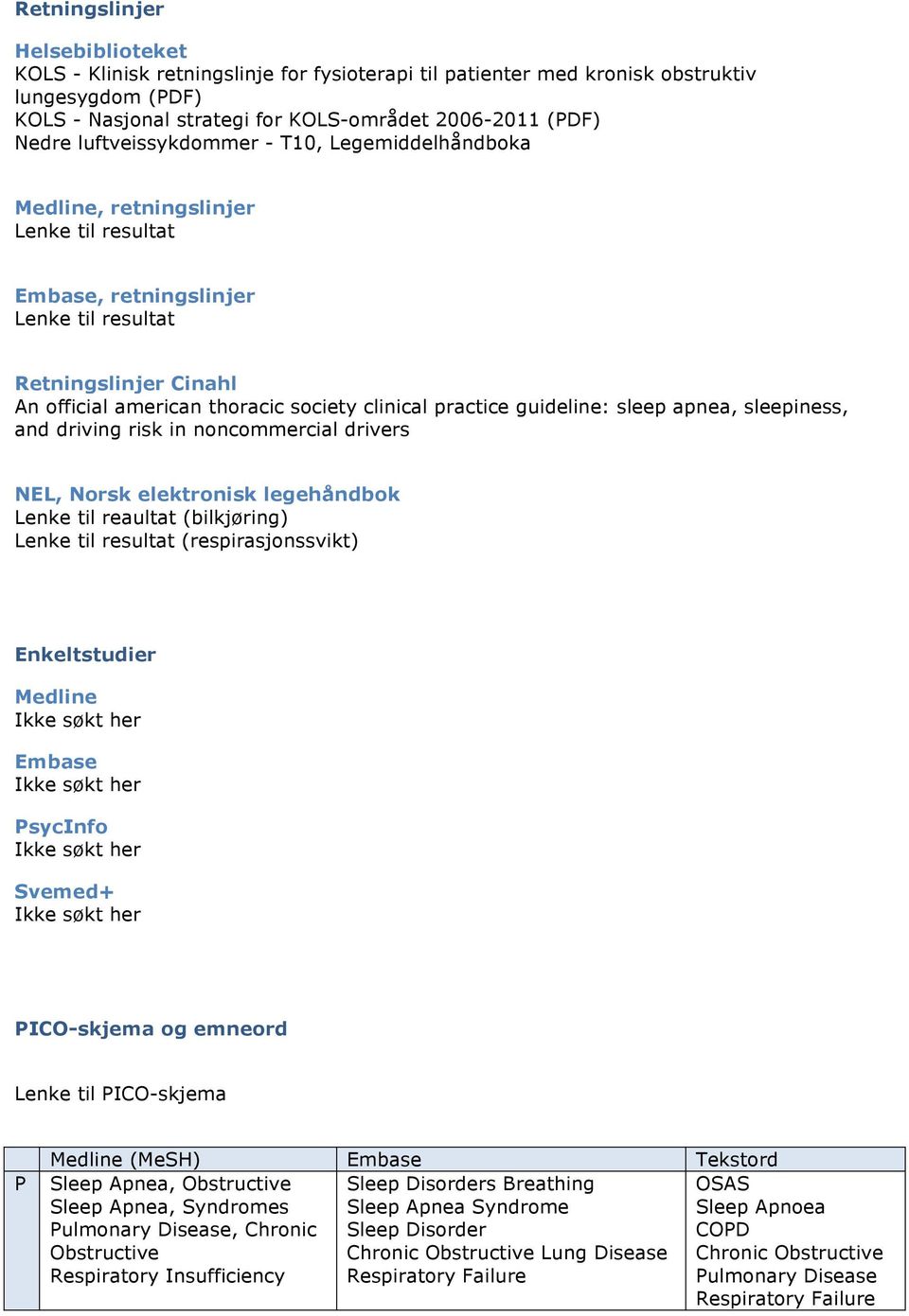 practice guideline: sleep apnea, sleepiness, and driving risk in noncommercial drivers NEL, Norsk elektronisk legehåndbok Lenke til reaultat (bilkjøring) Lenke til resultat (respirasjonssvikt)