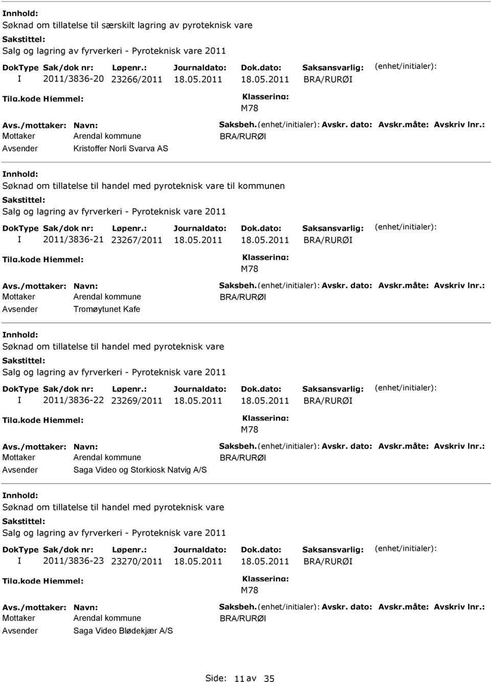 Søknad om tillatelse til handel med pyroteknisk vare Salg og lagring av fyrverkeri - Pyroteknisk vare 2011 2011/3836-22 23269/2011 BRA/RRØ M78 BRA/RRØ Saga Video og Storkiosk Natvig A/S