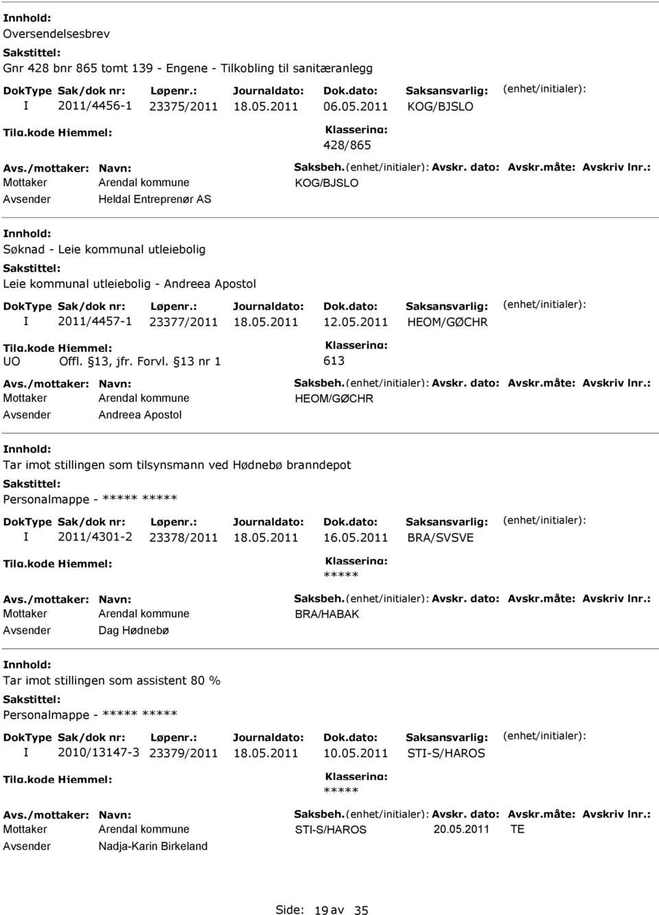 2011 HEOM/GØCHR O 613 HEOM/GØCHR Andreea Apostol Tar imot stillingen som tilsynsmann ved Hødnebø branndepot Personalmappe - 2011/4301-2 23378/2011 16.