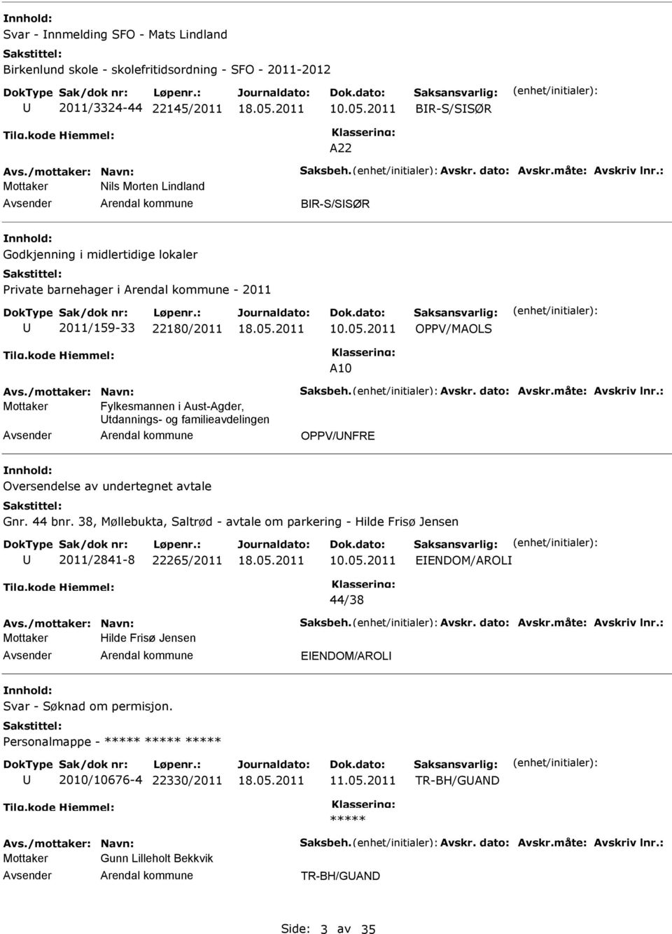 2011 OPPV/MAOLS A10 Mottaker Fylkesmannen i Aust-Agder, tdannings- og familieavdelingen OPPV/NFRE Oversendelse av undertegnet avtale Gnr. 44 bnr.