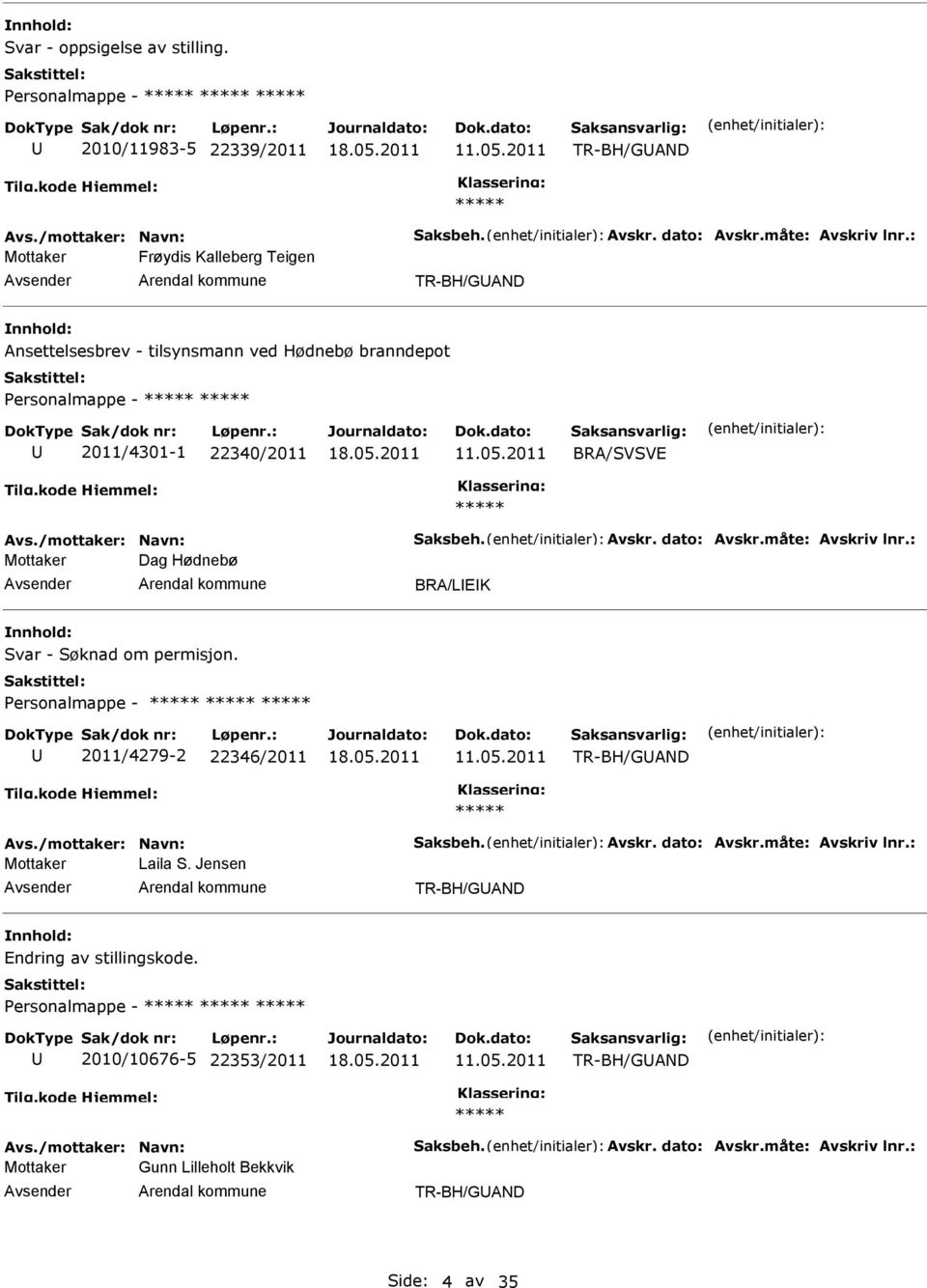 ved Hødnebø branndepot Personalmappe - 2011/4301-1 22340/2011 BRA/SVSVE Mottaker Dag Hødnebø BRA/LEK Svar - Søknad om