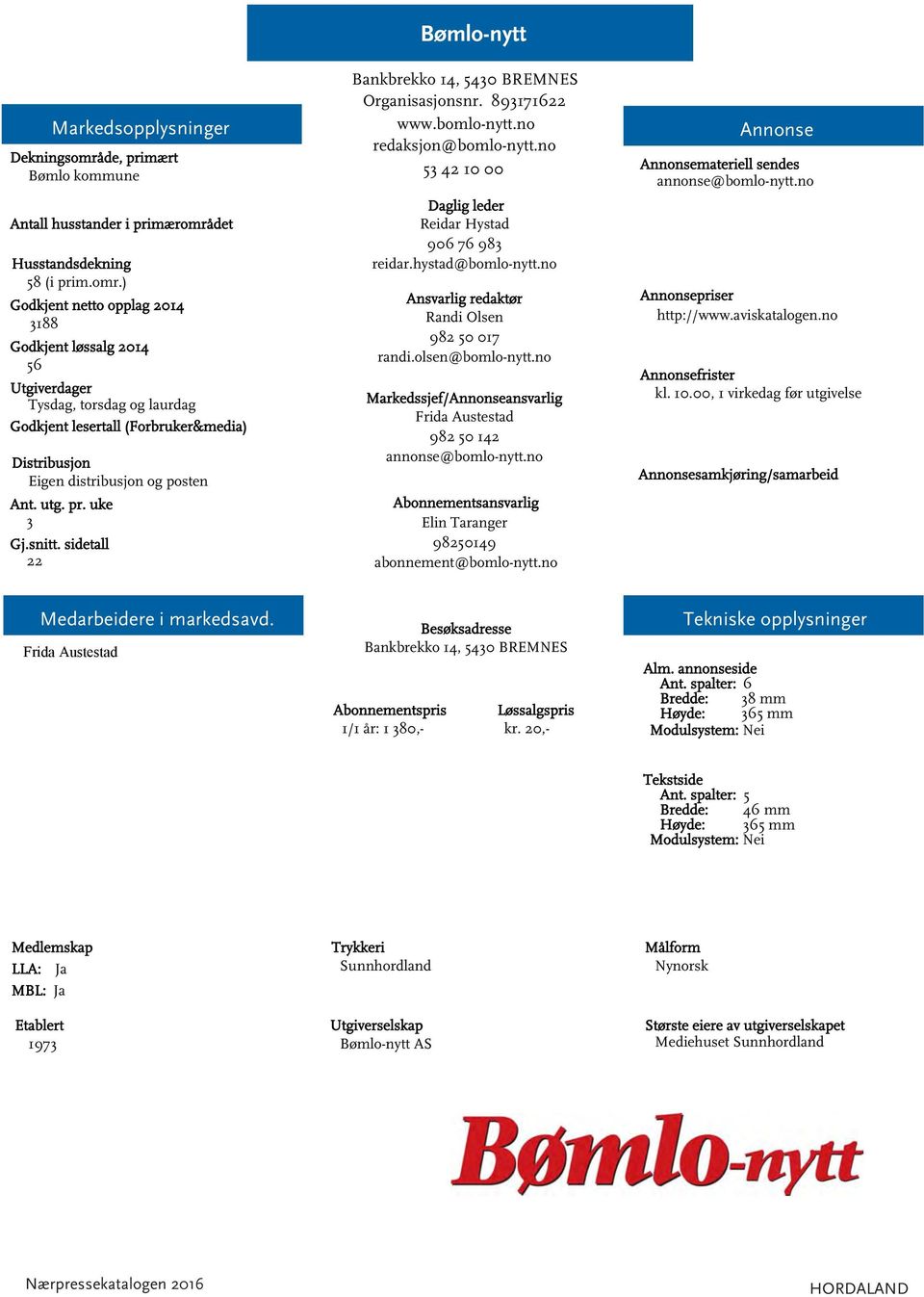 no Frida Austestad 982 50 42 annonse@bomlo-nytt.no Elin Taranger 9825049 abonnement@bomlo-nytt.no materiell sendes annonse@bomlo-nytt.no http://www.aviskatalogen.no kl. 0.