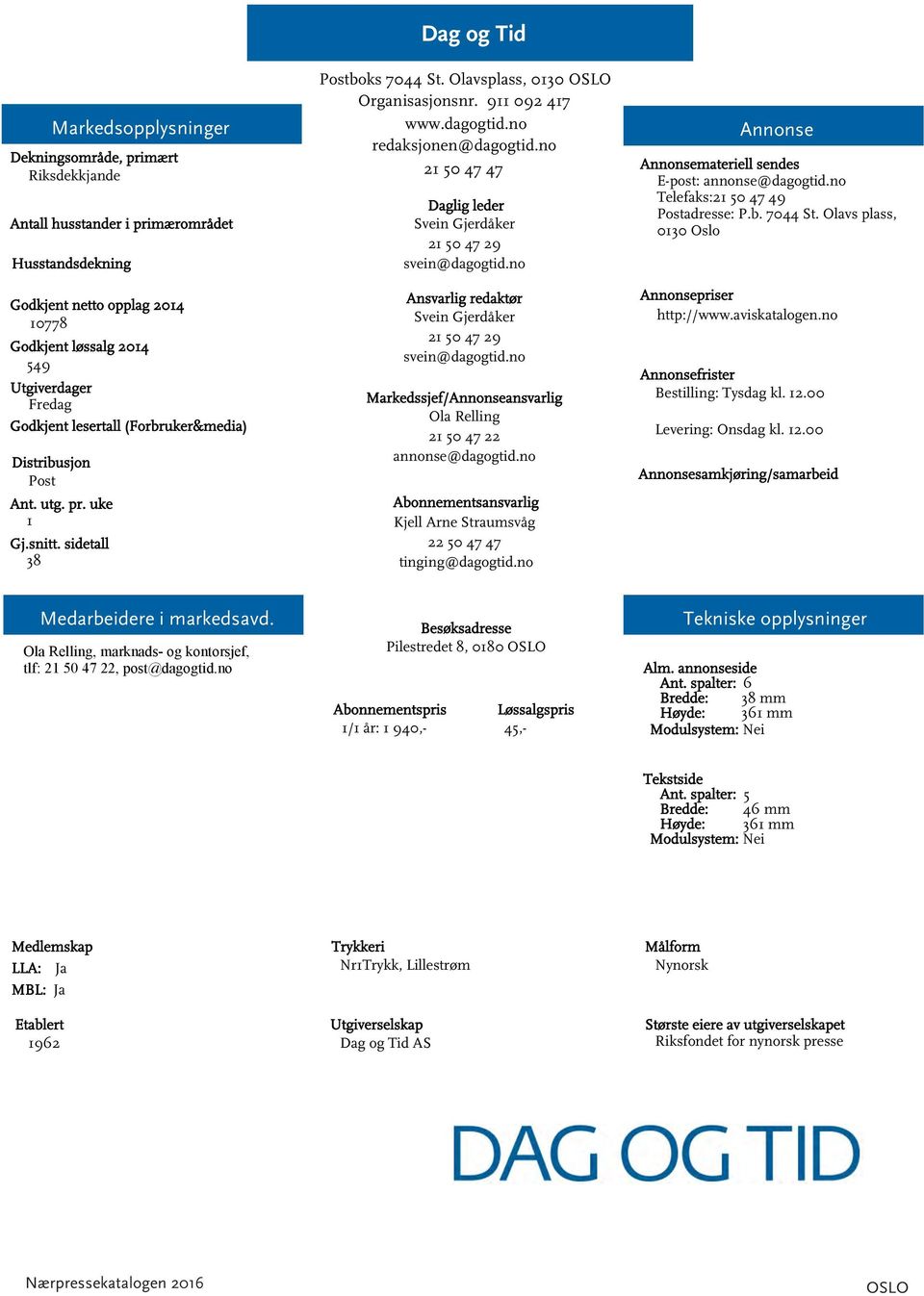 no materiell sendes E-post: annonse@dagogtid.no Telefaks:2 50 47 49 Postadresse: P.b. 7044 St. Olavs plass, 030 Oslo http://www.aviskatalogen.no Bestilling: Tysdag kl. 2.