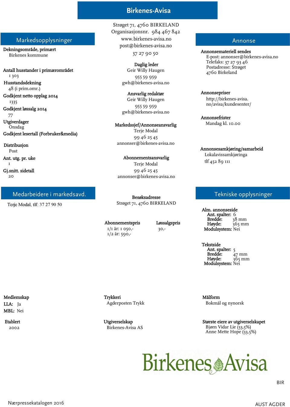 no Terje Modal 99 46 25 45 annonser@birkenes-avisa.no materiell sendes E-post: annonser@birkenes-avisa.no Telefaks: 37 27 93 46 Postadresse: Strøget 4760 Birkeland http://birkenes-avisa.