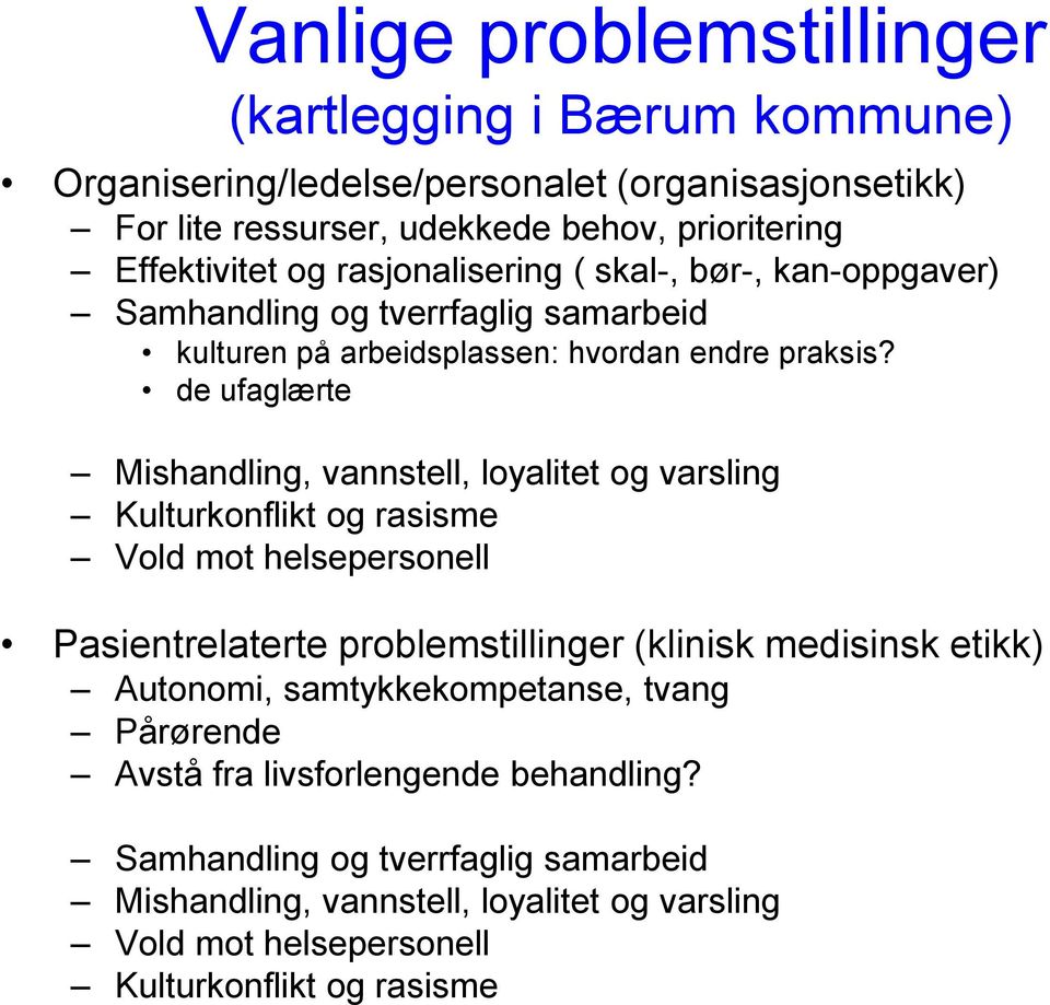 de ufaglærte Mishandling, vannstell, loyalitet og varsling Kulturkonflikt og rasisme Vold mot helsepersonell Pasientrelaterte problemstillinger (klinisk medisinsk etikk)