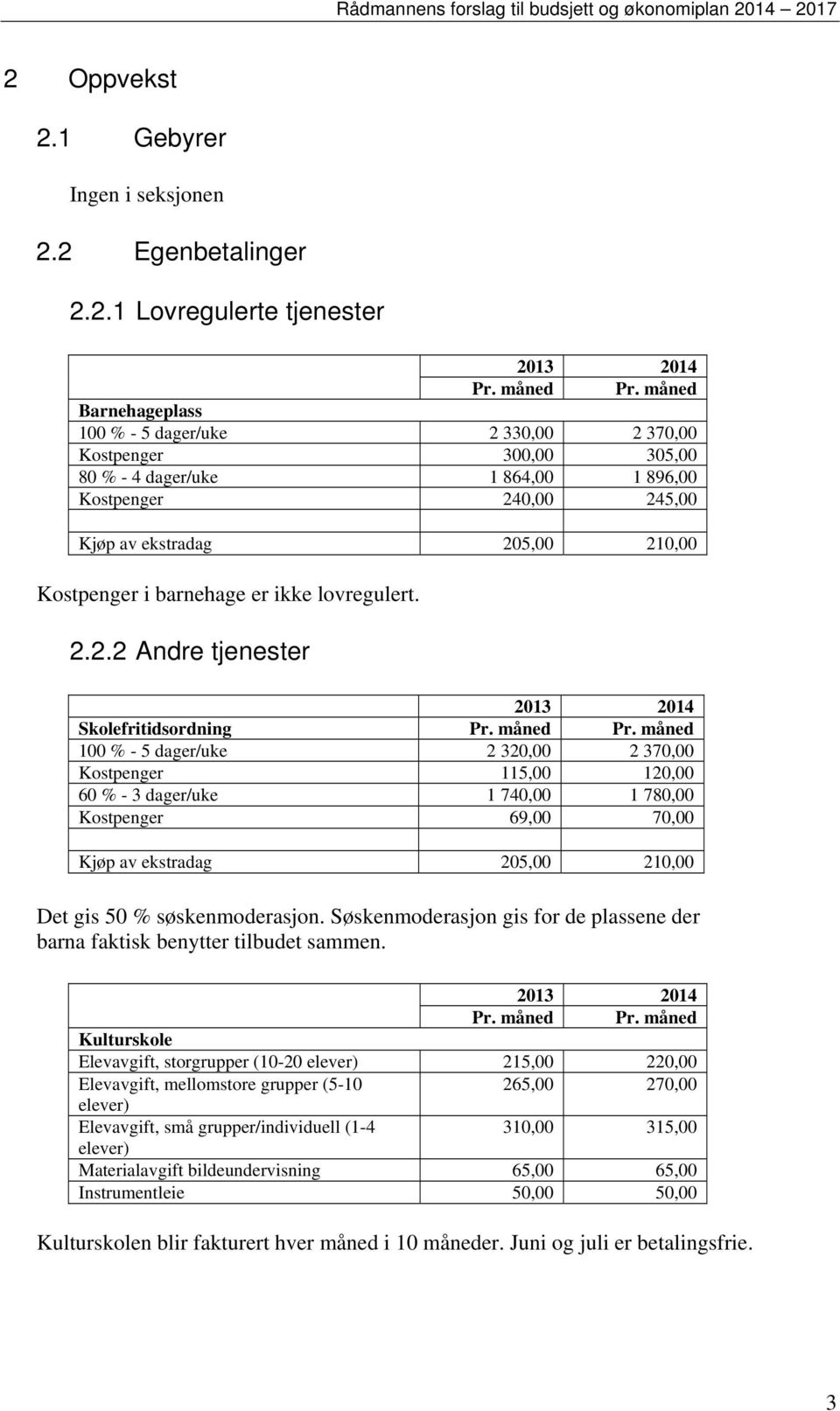 barnehage er ikke lovregulert. 2.2.2 Andre tjenester Skolefritidsordning Pr. måned Pr.