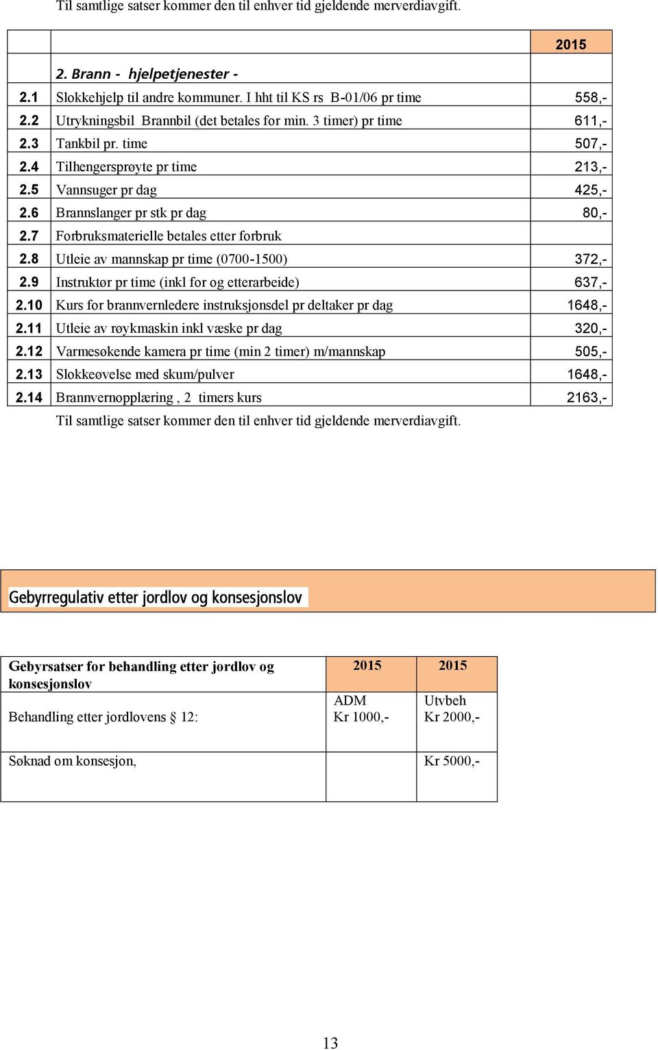 8 Utleie av mannskap pr time (0700-1500) 372,- 2.9 Instruktør pr time (inkl for og etterarbeide) 637,- 2.10 Kurs for brannvernledere instruksjonsdel pr deltaker pr dag 1648,- 2.