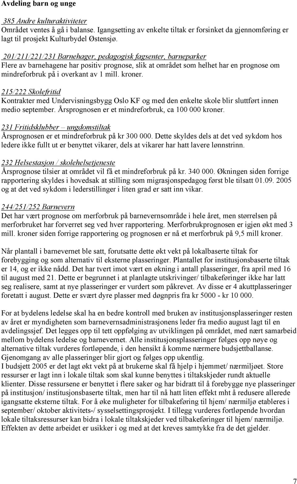 215/222 Skolefritid Kontrakter med Undervisningsbygg Oslo KF og med den enkelte skole blir sluttført innen medio september. Årsprognosen er et mindreforbruk, ca 100 000 kroner.