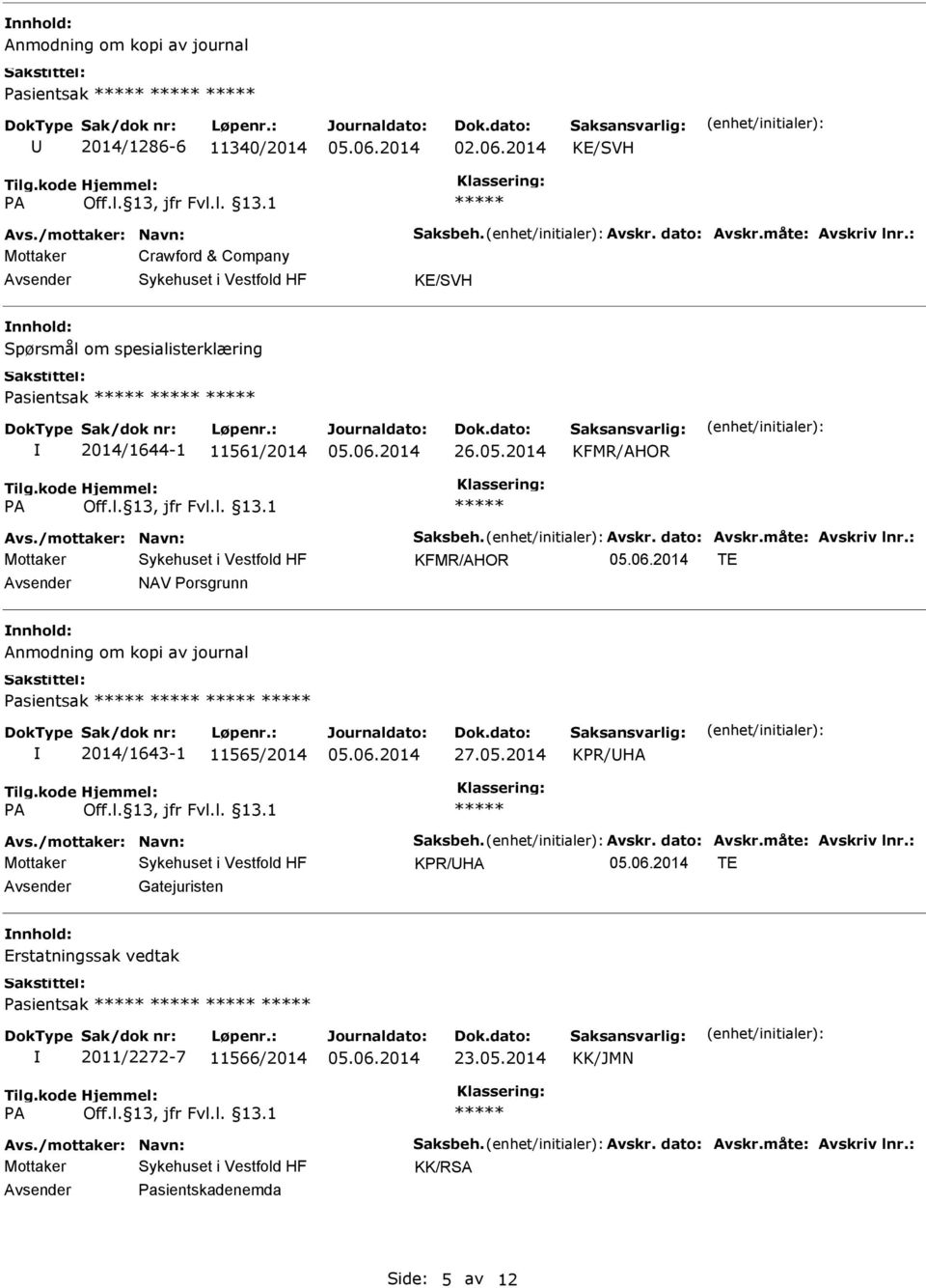 2014 KFMR/AHOR KFMR/AHOR TE NAV Porsgrunn Anmodning om kopi av journal Pasientsak 2014/1643-1 11565/2014 27.