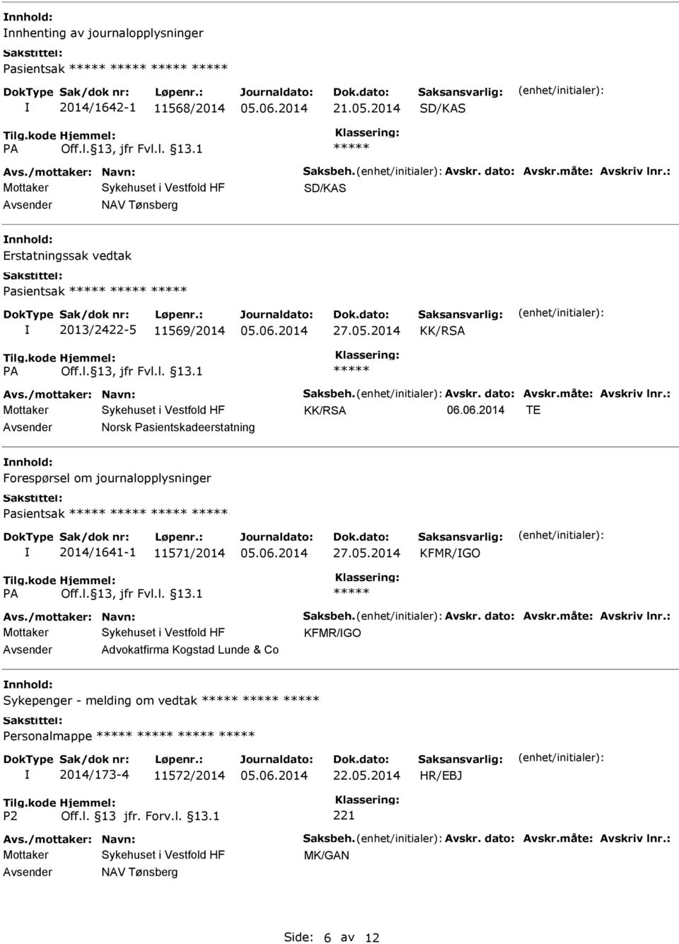 06.2014 TE Norsk Pasientskadeerstatning Forespørsel om journalopplysninger Pasientsak 2014/1641-1 11571/2014 27.05.