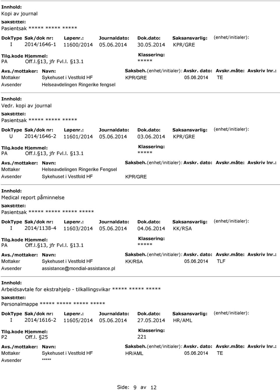 2014 Mottaker Helseavdelingen Ringerike Fengsel Medical report påminnelse Pasientsak 2014/1138-4 11603/2014 04.