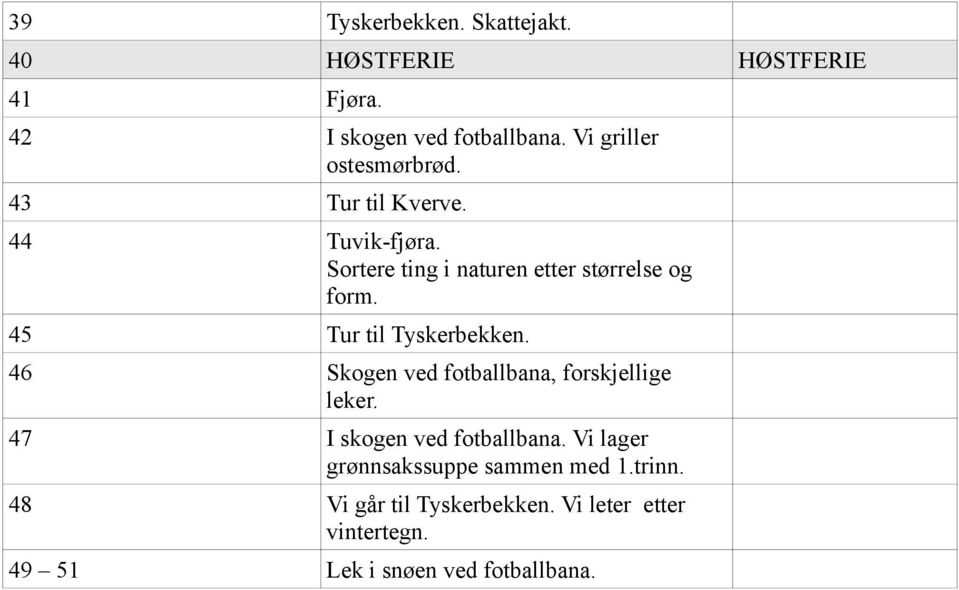 45 Tur til Tyskerbekken. 46 Skogen ved fotballbana, forskjellige leker. 47 I skogen ved fotballbana.