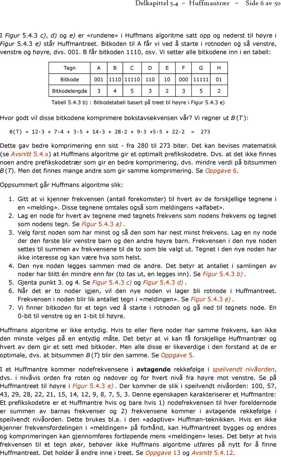 Vi setter alle bitkodene inn i en tabell: Tegn A B C D E F G H Bitkode 001 1110 11110 110 10 000 11111 01 Bitkodelengde 3 4 5 3 2 3 5 2 Tabell 5.4.3 b) : Bitkodetabell basert på treet til høyre i Figur 5.