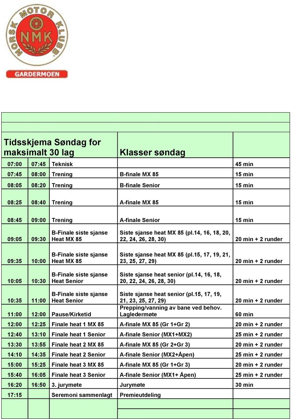 14, 16, 18, 20, 22, 24, 26, 28, 30) 20 min + 2 runder Siste sjanse heat MX 85 (pl.15, 17, 19, 21, 23, 25, 27, 29) 20 min + 2 runder Siste sjanse heat senior (pl.