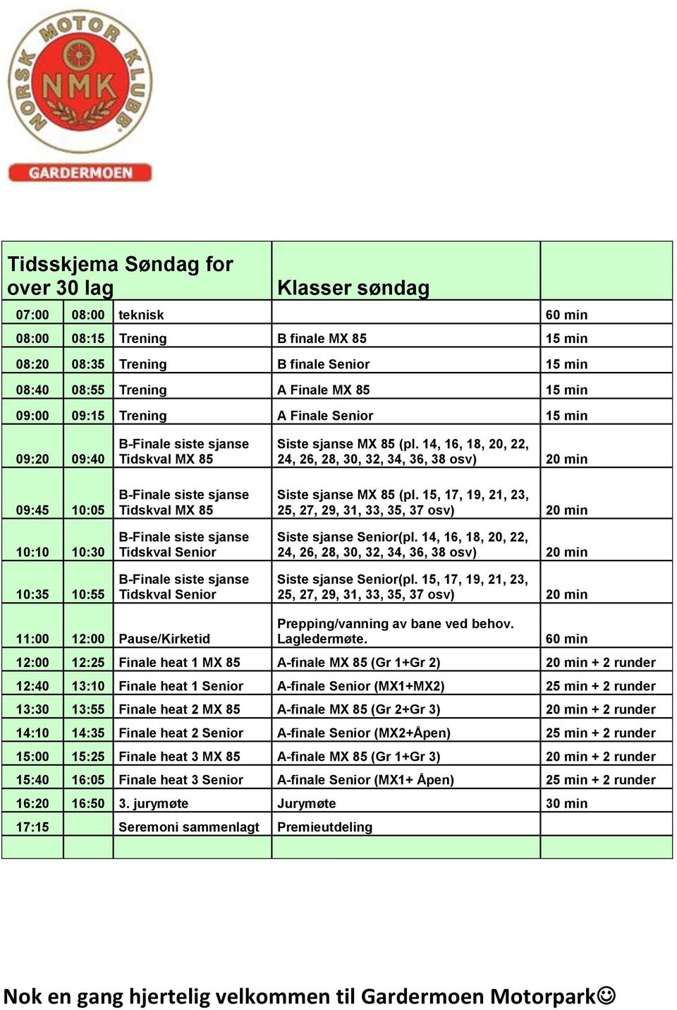 14, 16, 18, 20, 22, 24, 26, 28, 30, 32, 34, 36, 38 osv) 20 min Siste sjanse MX 85 (pl. 15, 17, 19, 21, 23, 25, 27, 29, 31, 33, 35, 37 osv) 20 min Siste sjanse Senior(pl.