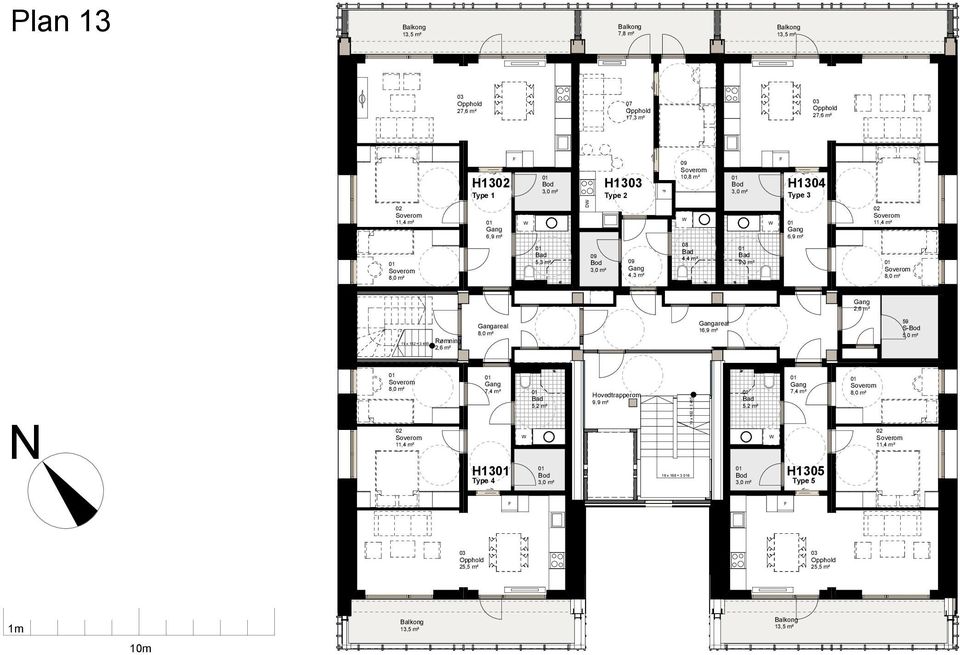 7,4 m² 64,3 m² H13 Type 4 5,2 m² 10 x 21 Hovedtrapperom 9,9 m² 12 x 23 18 x 168 =