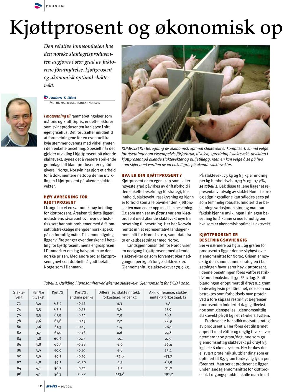 Øfsti Fag- og markedskonsulent Norsvin Slaktevekt FEn/kg tilvekst I motsetning til rammebetingelser som målpris og kraftfôrpris, er dette faktorer som svineprodusenten kan styre i sitt eget grisehus.