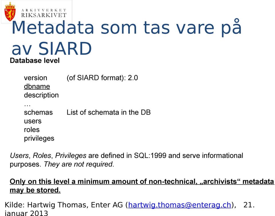 0 dbname description schemas List of schemata in the DB users roles privileges Users, Roles, Privileges