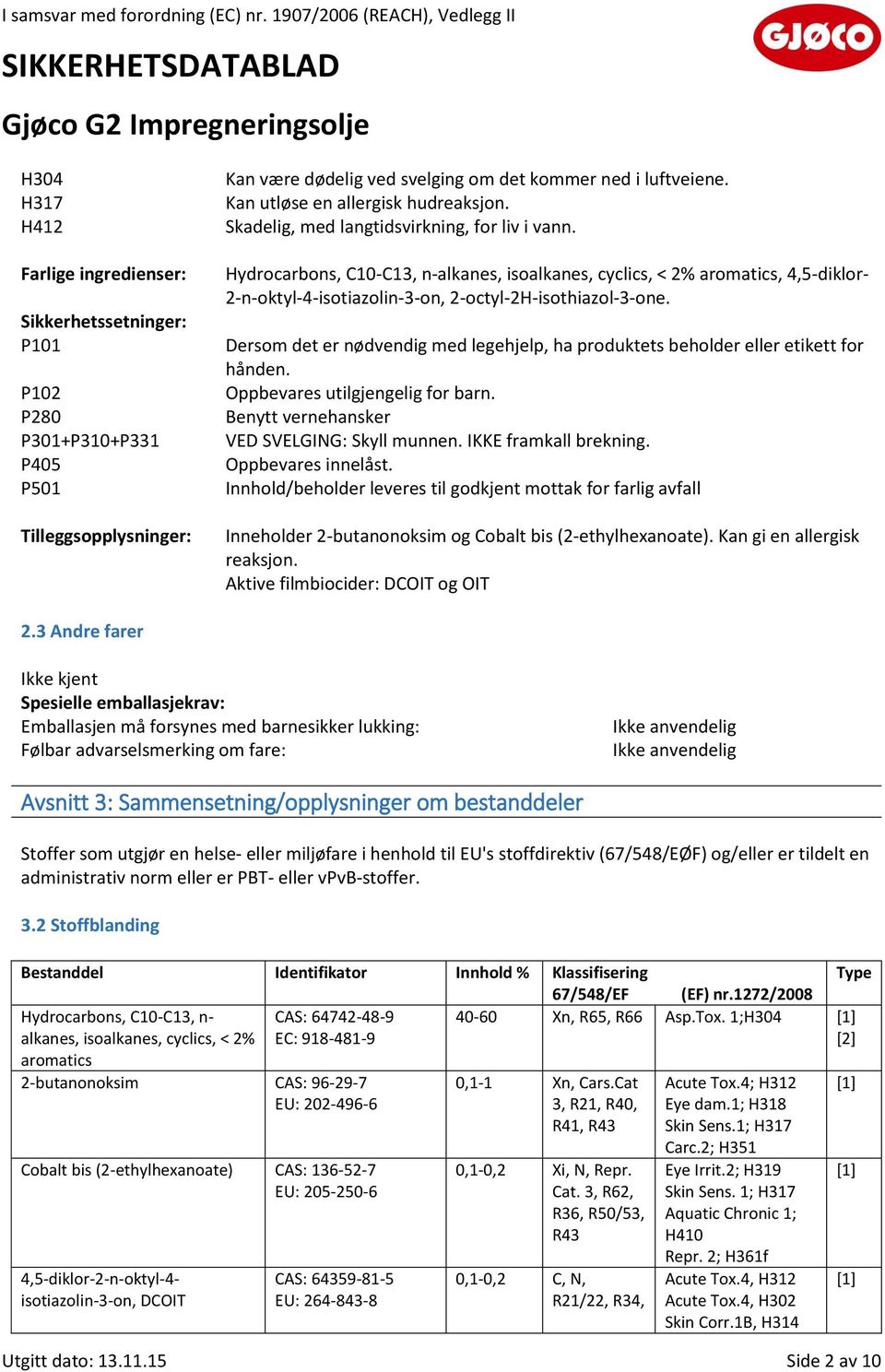 Hydrocarbons, C10-C13, n-alkanes, isoalkanes, cyclics, < 2% aromatics, 4,5-diklor- 2-n-oktyl-4-isotiazolin-3-on, 2-octyl-2H-isothiazol-3-one.