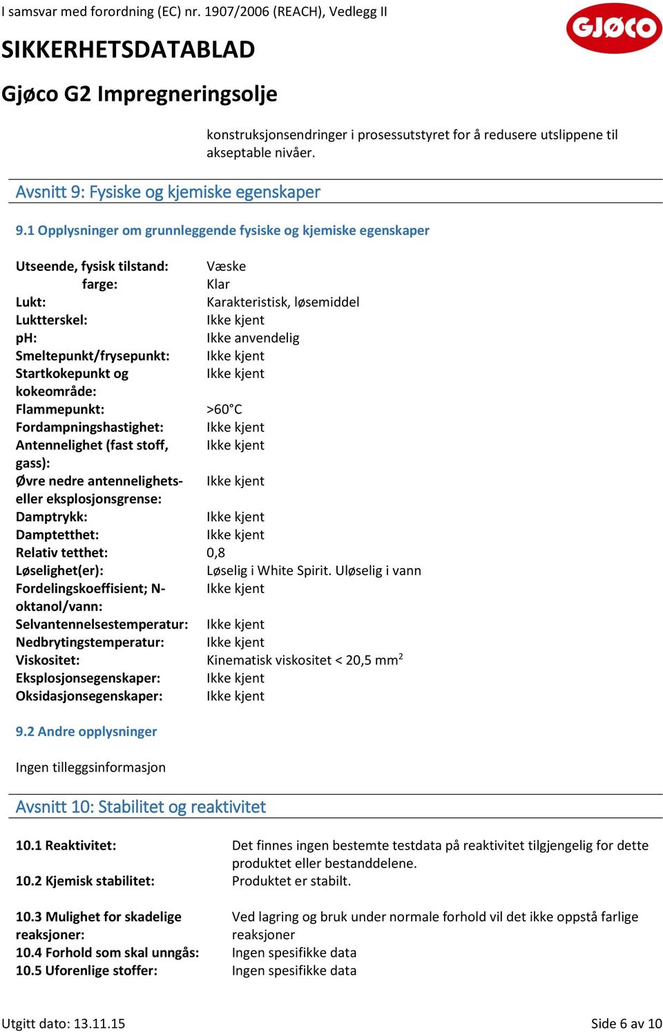 1 Opplysninger om grunnleggende fysiske og kjemiske egenskaper Utseende, fysisk tilstand: farge: Væske Klar Lukt: Karakteristisk, løsemiddel Luktterskel: ph: Ikke anvendelig Smeltepunkt/frysepunkt: