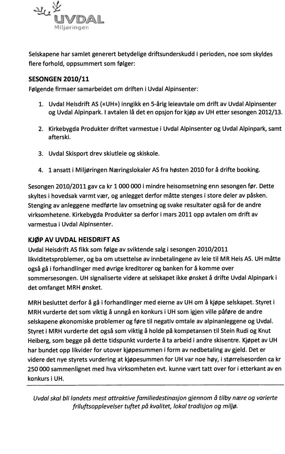 12/13. 2. Kirkebygda Produkter driftet varmestue i Uvdal Alpinsenter og Uvdal Alpinpark, samt afterski. 3. Uvdal Skisport drev skiutleie og skiskole. 4.