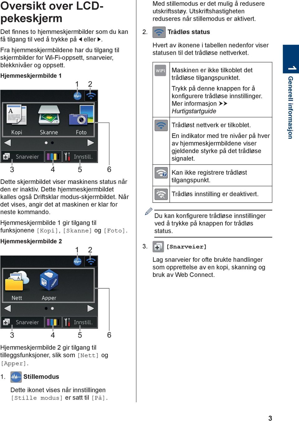 Dette hjemmeskjermbildet kalles også Driftsklar modus-skjermbildet. Når det vises, angir det at maskinen er klar for neste kommando.