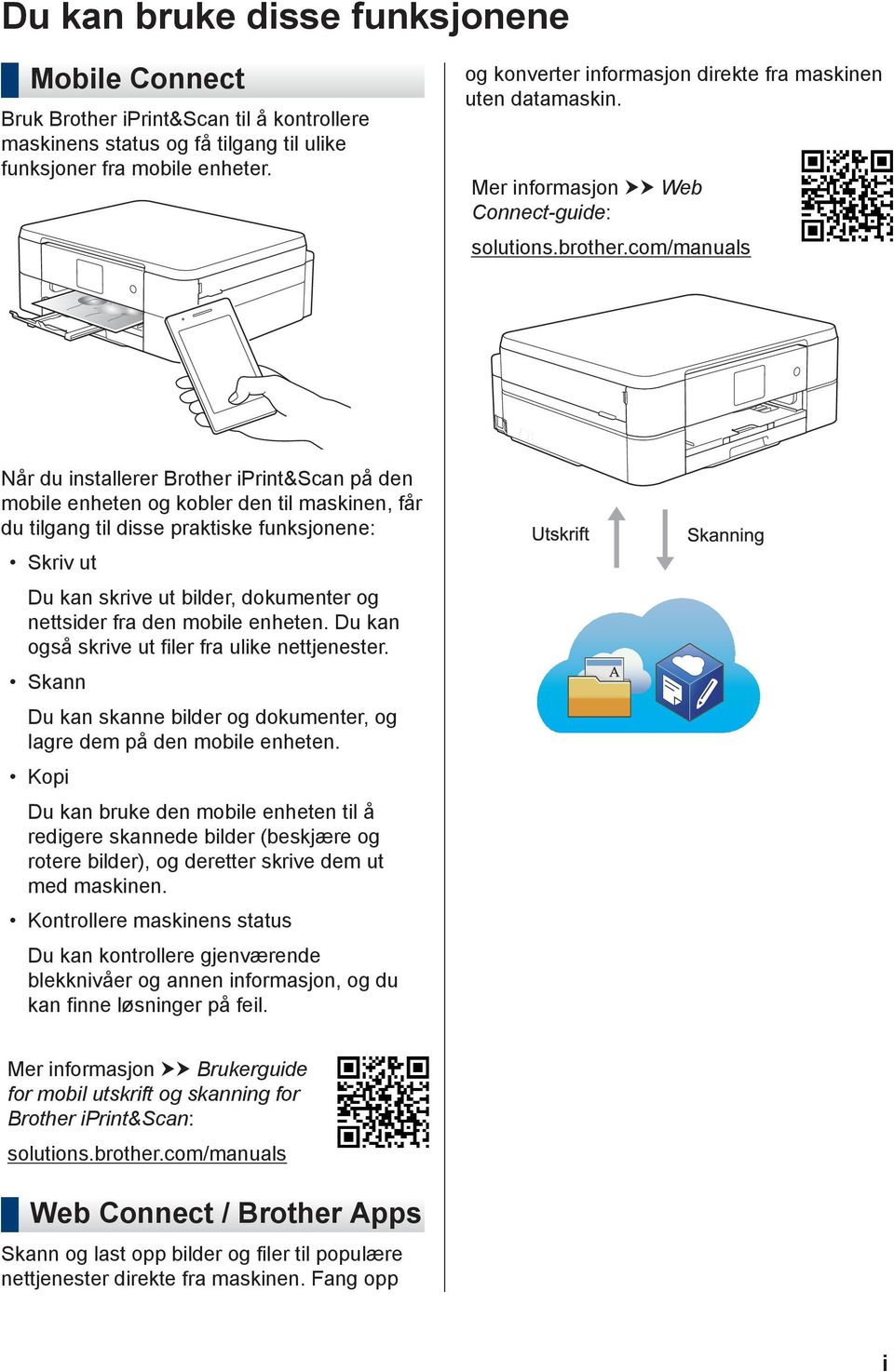 com/manuals Når du installerer Brother iprint&scan på den mobile enheten og kobler den til maskinen, får du tilgang til disse praktiske funksjonene: Skriv ut Du kan skrive ut bilder, dokumenter og