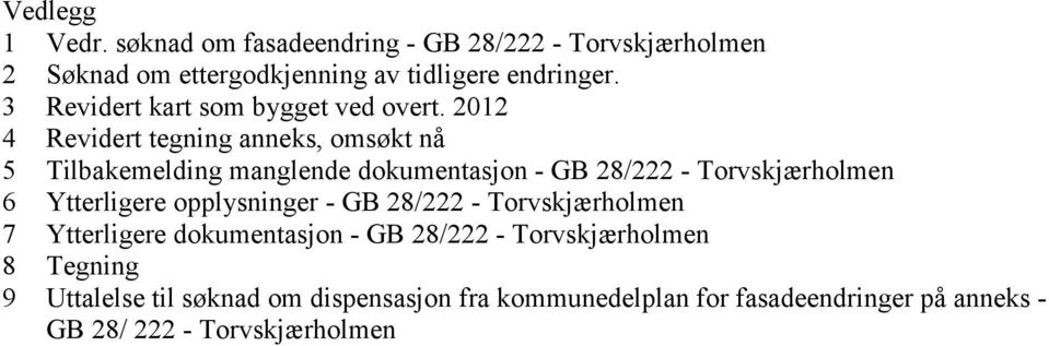 2012 4 Revidert tegning anneks, omsøkt nå 5 Tilbakemelding manglende dokumentasjon - GB 28/222 - Torvskjærholmen 6 Ytterligere
