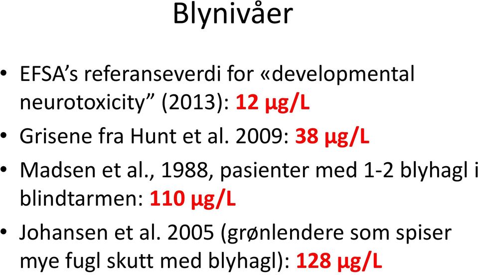 , 1988, pasienter med 1-2 blyhagl i blindtarmen: 110 µg/l Johansen